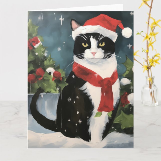 Carte Tuxedo Chat en Noël de neige (Fleur jaune)