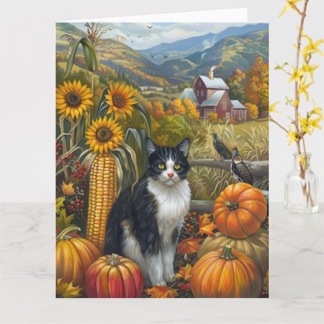 Carte Tuxedo Chat récolte d'automne Thankgiving (Fleur jaune)