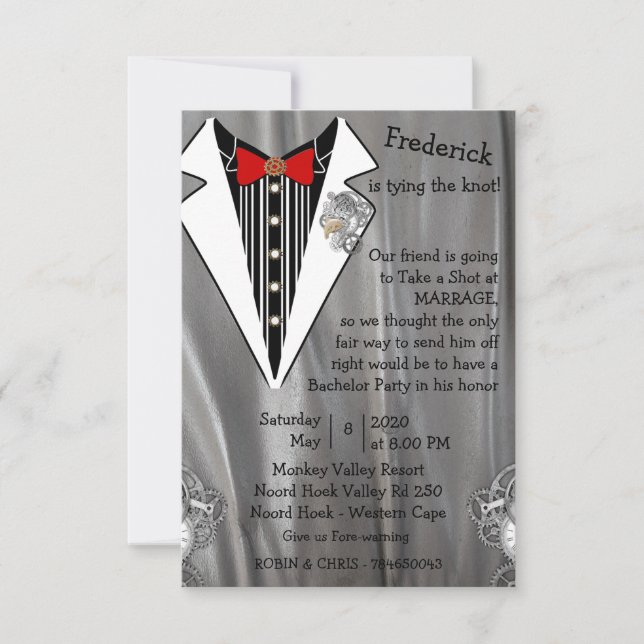 Carte Tuxedo gris argent Bachelor Party (Devant)