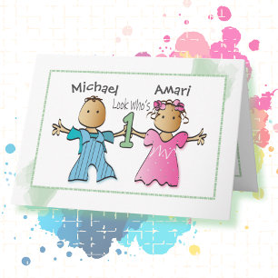 Carte Twin Brown Girl and Boy Personnalisé 1er anniversa