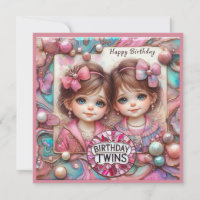 TWIN GIRLS Birday Card ~ jeunes enfants ~ Rose ~
