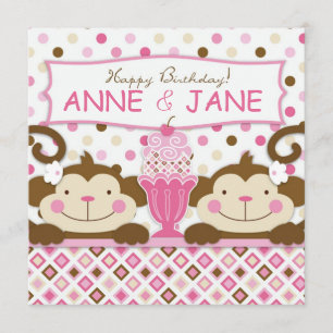 Carte Twin Monkeys & Ice Cream Sundae Anniversaire