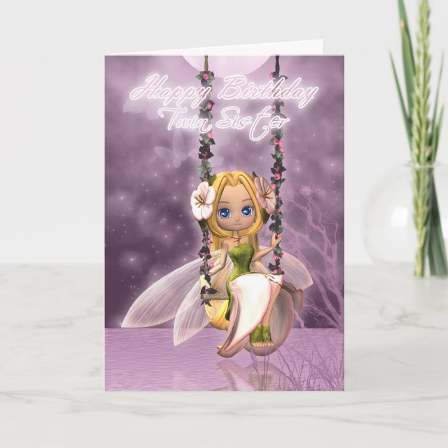 Carte Twin Sister Joyeux Anniversaire mignonne fée sur f (Devant)
