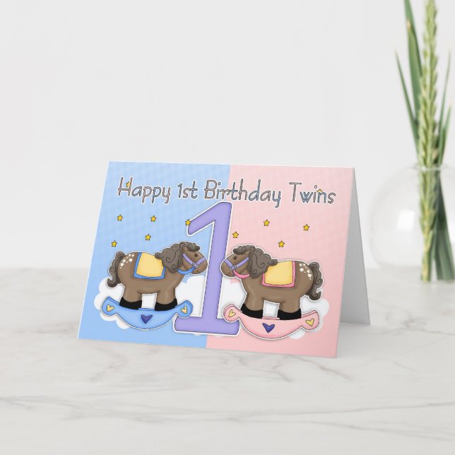 Carte Twins First Birthday Card - Deux petits poneys (Devant)