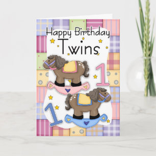 Carte Twins First Birthday Card - Deux petits poneys