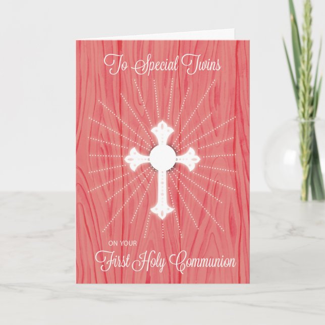 Carte Twins First Communion Cross et rayons sur bois ros (Devant)