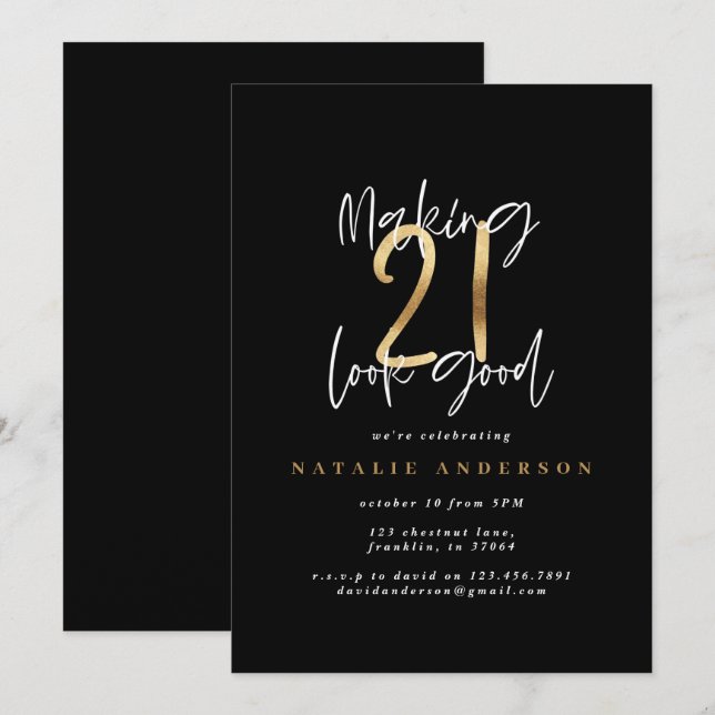 Carte Typographie moderne 21e anniversaire noir et or (Devant / Derrière)