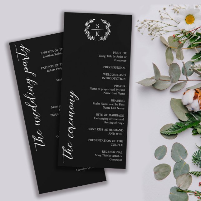 Carte Typographie noire Laurel Wreath Monogram Mariage (Créateur téléchargé)