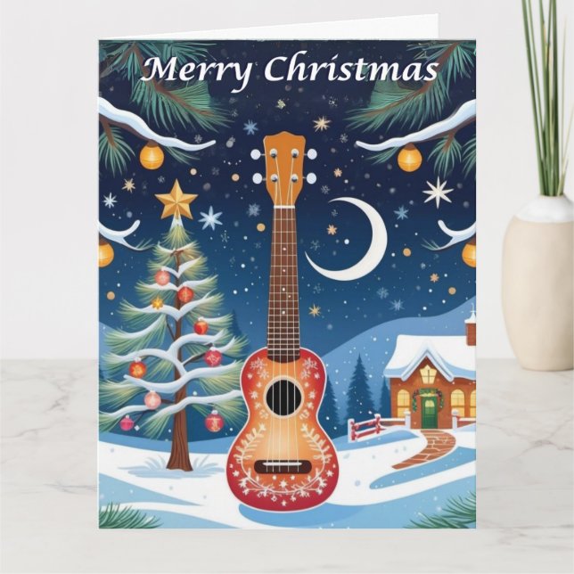 Carte Ukulele instrument de musique neige gros Noël (Devant)