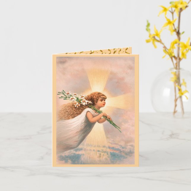 Carte Un ange dans le ciel tenant des lys sur son épaule (Fleur jaune)