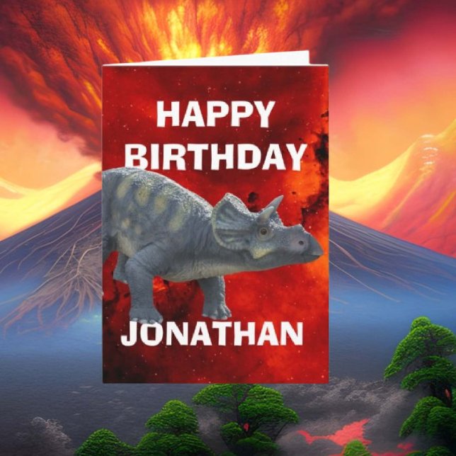 Carte Un Anniversaire Dino-Mite Attend (Celebrate your little one's birthday with a fun dinosaur red volcano card! )