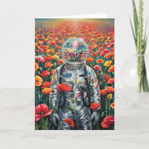 Carte Un astronaute disco dans une prairie de pavot