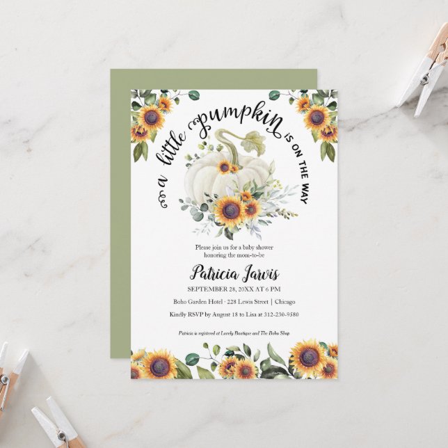 Carte Un Baby shower De Verdure Un Peu Citrouille Invita (Devant/Arrière en situation)