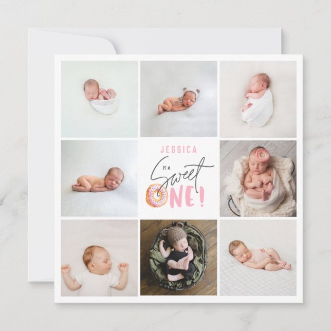 Carte un beigne rose sucré 1er anniversaire multi photo (Devant)