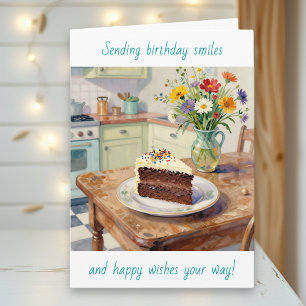 Carte Un bel anniversaire avec de jolies fleurs et gâtea