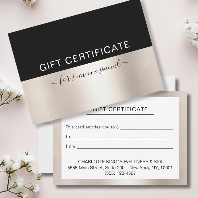 Carte UN CERTIFICAT D'AFFAIRES MODERNE cadeau pour vous (Modern, simple business gift certificate. Gold, Black. Add your data, company details.)
