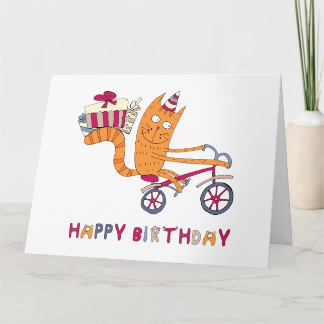 Carte Un chat sur un vélo transporte des cadeaux d'anniv (Devant)
