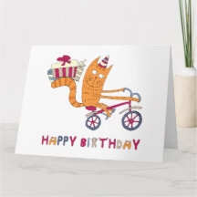Un chat sur un vélo transporte des cadeaux d'anniv