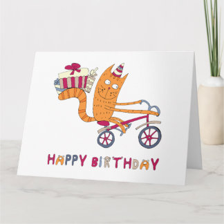 Carte Un chat sur un vélo transporte des cadeaux d'anniv