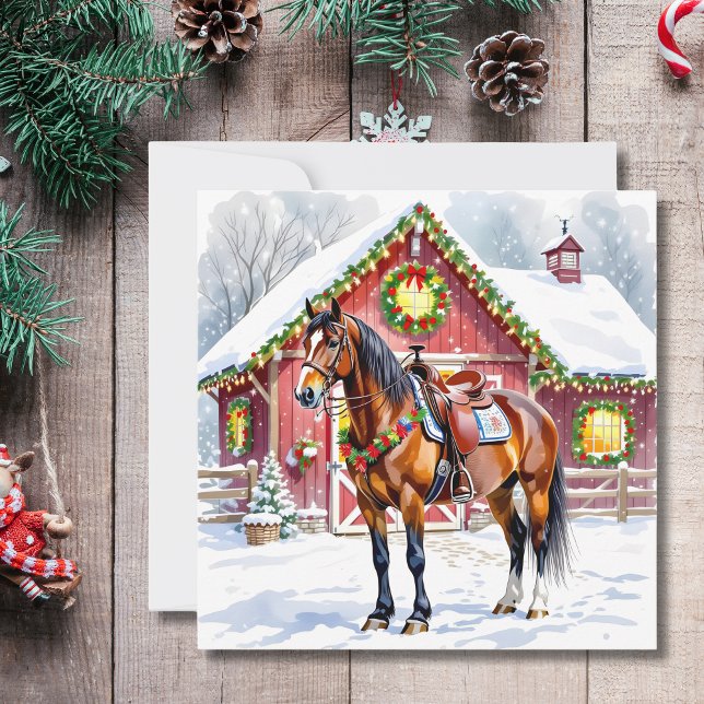 Carte Un Cheval Brown Festif et une grange d'hiver Noël (Créateur téléchargé)
