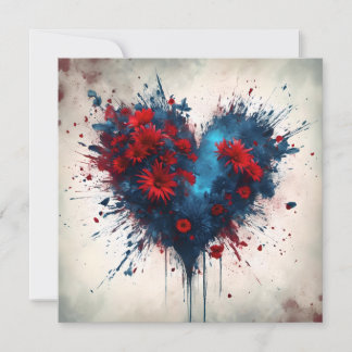 Carte Un coeur bleu éclatant avec des fleurs rouges