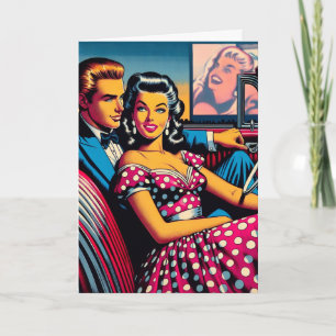 Carte Un couple rétro en voiture à Drive In Movie Annive