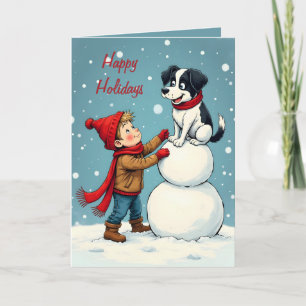 Carte Un garçon, son chien et un bonhomme de neige pour