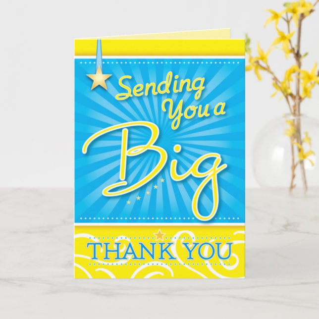 Carte Un grand Merci en bleu gai avec des étoiles jaunes (Fleur jaune)