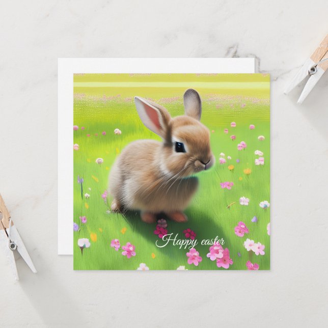 Carte Un mignon lapin dans une prairie fleurie (Devant/Arrière en situation)