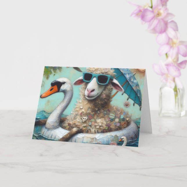Carte Un mouton drôle sur un cygne gonflable pour toutes (Orchidée)