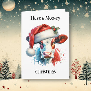 Carte Un Noël Moo-ey   Amusant Vacances Pun Vache