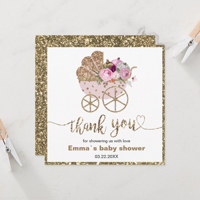 Carte Un petit Baby shower de fille Citrouille merci (Devant/Arrière en situation)