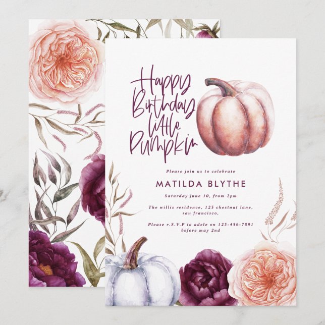 Carte Un petit citrouille fleurs chute violet pêche anni (Devant / Derrière)