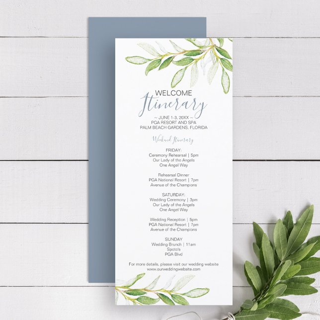 Carte Un week-end Mariage verdoyant pour les clients (Wedding welcome itinerary Unique Bespoke Watercolor Greenery art by Victoria Grigaliunas)