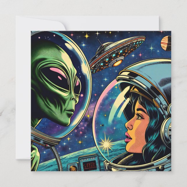 Carte Une astronaute rencontre un Alien extra-terrestre (Devant)