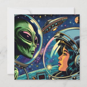 Carte Une astronaute rencontre un Alien extra-terrestre