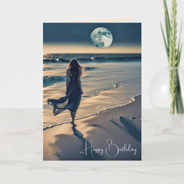 Carte Une femme marche sur la plage de minuit pour l'ann (Devant)