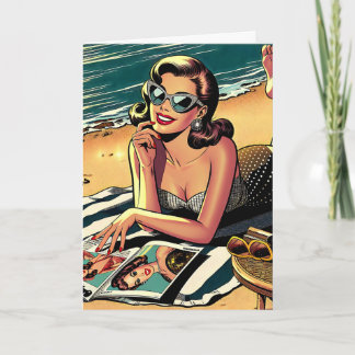 Carte Une femme rétro à la plage | Humour vieillissant A
