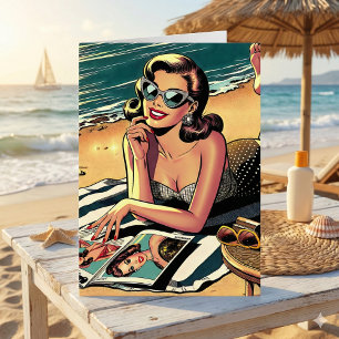 Carte Une femme rétro à la plage   Humour vieillissant A