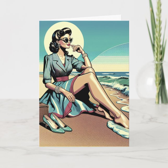 Carte Une femme rétro des années 1950 qui tire ses chaus (Devant)