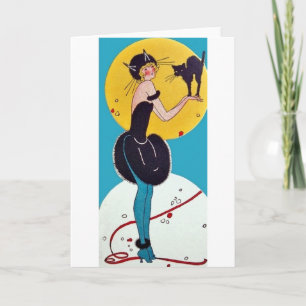 Carte Une fille en costume de chat avec son chat noir