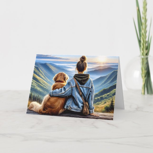 Carte Une fille et un Golden Retriever pensent à vous (Devant)