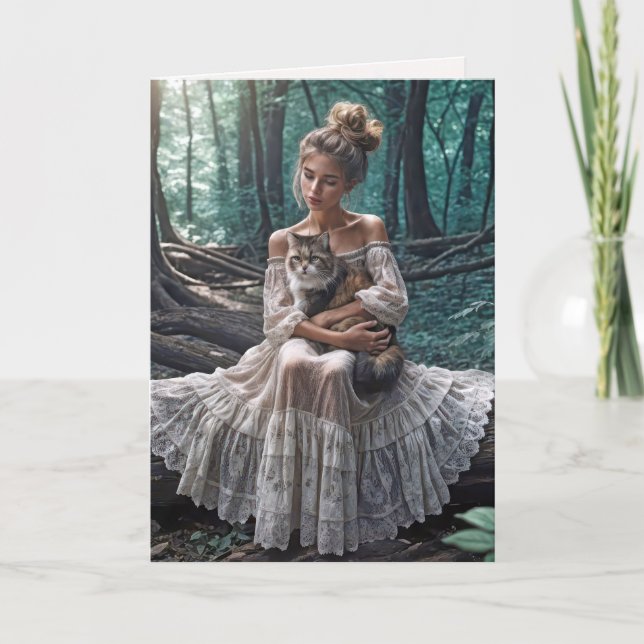 Carte Une jeune femme en bois avec un chat (Devant)