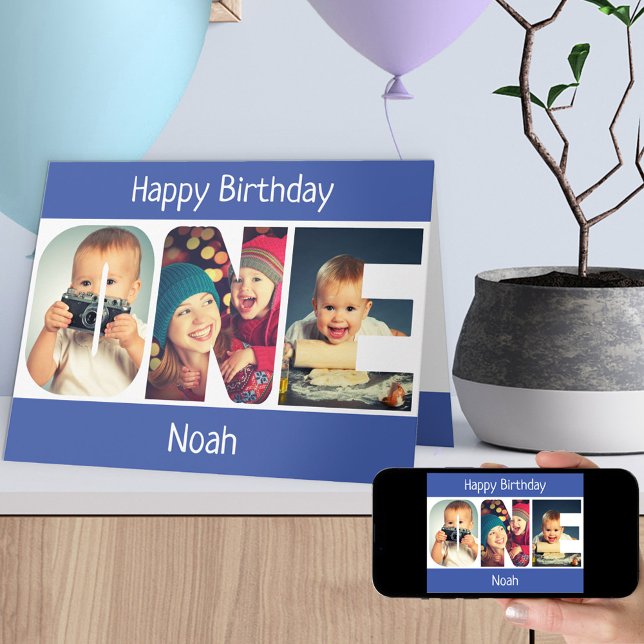 Carte UNE lettre photo Blue Boys 1st Birthday Card (Créateur téléchargé)