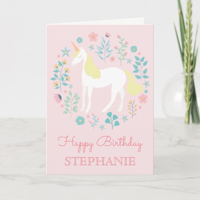 Carte Unicorn Floral Blush rose Personnalisé Anniversair (Devant)