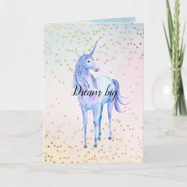 Carte Unicorne Aqua rose Jaune teint or Confetti (Devant)