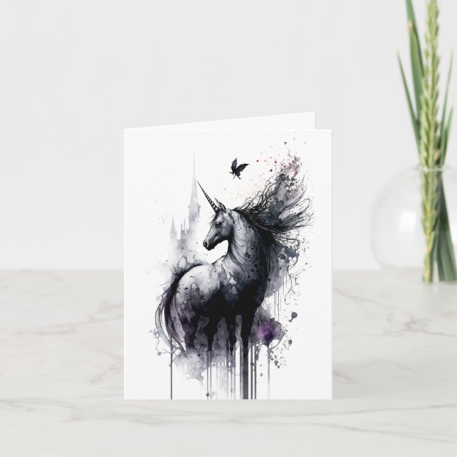 Carte Unicorne gothique Encre et lavage Messy (Devant)