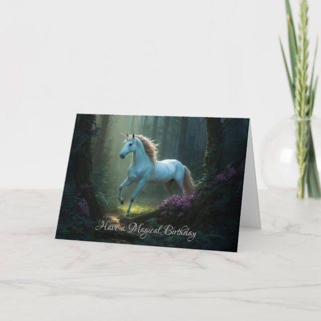 Carte Unicorne magique en forêt enchantée Anniversaire (Devant)