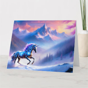 Carte Unicorne noire dans un paysage hivernal rêvé