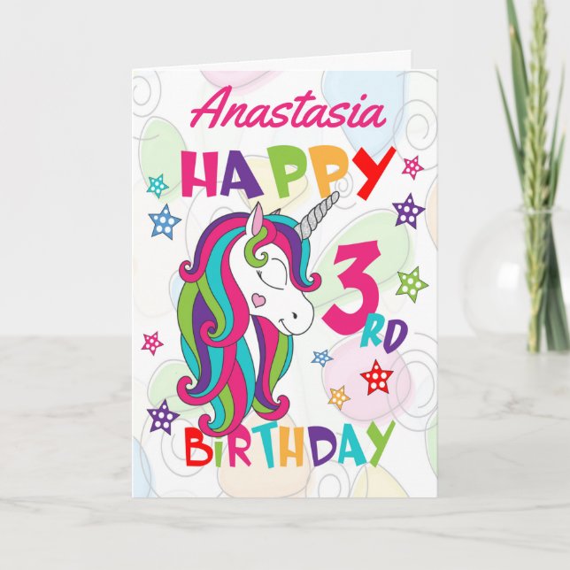 Carte Unicorne personnalisée 3e anniversaire (Devant)